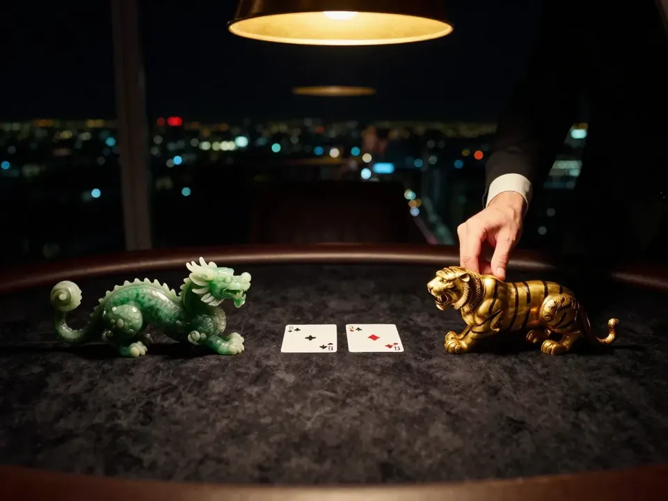 龍虎:玉龍與金虎擺件中間的兩張牌